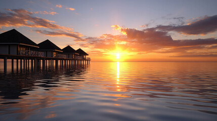 Serene Bungalows at Sunset with Golden Hour Sun Rays Reflecting Over Calm Waters