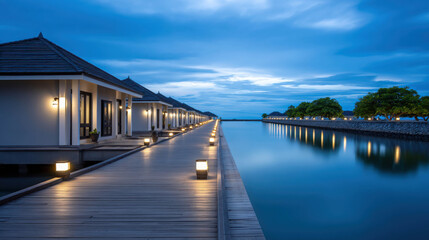 Twilight Scene at a Resort Boardwalk with Glowing Lamps Illuminating Calm Waters and Serene Surroundings