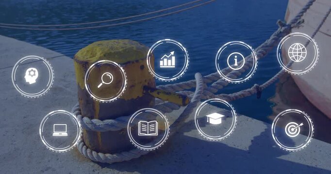 On interface activation UI icons appearing over yellow bollard ropes forming grid showing tools