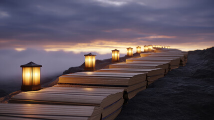 Enchanted Twilight Scene with Books Leading to Glowing Lanterns on a Mystical Pathway through the Clouds at Dusk