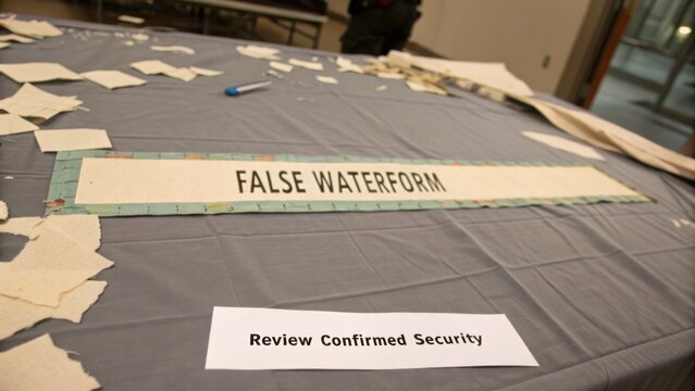 Table with Paper Scraps and Signs Indicating False Waterform and Review Confirmed Security in Modern Workspace Setting