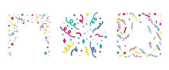 Obraz premium Colorful confetti border designs with streamers, dots, stars, diamonds, squiggles, vibrant festive decorations for party invitations and celebrations.