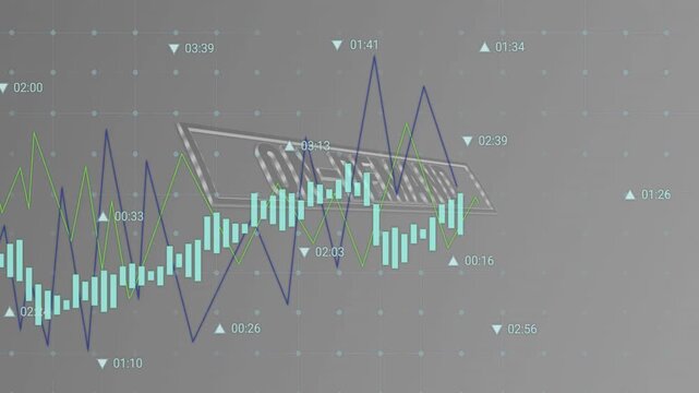 Timestamp pinging, cyan bars shifting, blue-green lines oscillating, logo tilting, showing data HUD