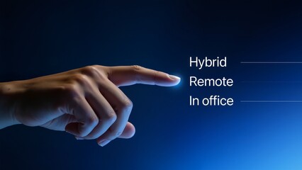 Hand pointing at text on blue background