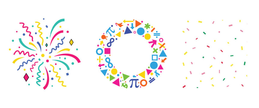 Abstract confetti burst with colorful streamers, geometric shapes, math symbols like pi, infinity, division, multiplication, festive artwork.