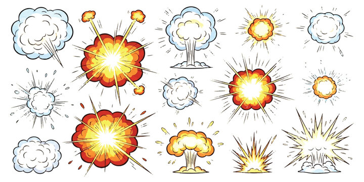 A collection of various cartoon and comic book style explosion effects, including fireballs and smoke clouds
