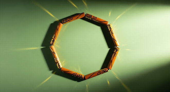 Top-Down View of Four Traditional Yut Sticks Arranged in Perfect Circle with Gold Leaf Accents on Celadon Green Background - Seollal Game Abstract Representation