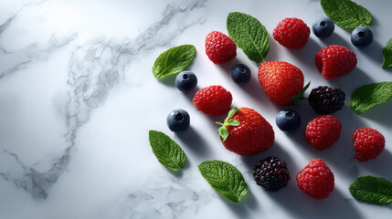 Fresh and Artistic Flatlay of Berries and Mint on Marble Background for Minimalist Food Photography Themes
