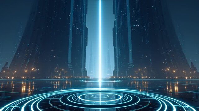 Futuristic cityscape with neon blue lights and high-tech architecture.