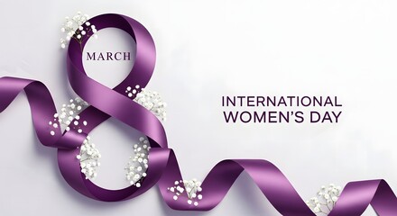 Elegant purple ribbon forms the number 8 for International Women's Day, adorned with delicate white flowers on a soft gradient background.