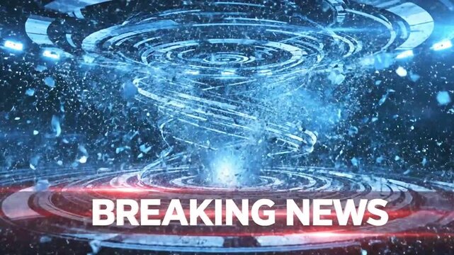 Breaking news graphic with swirling blue vortex and dynamic lights effect