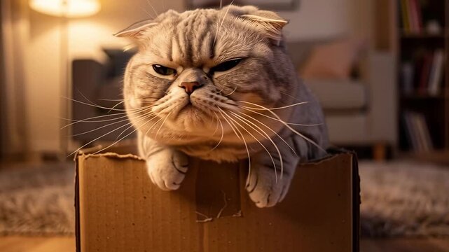 Cute Scottish Fold Cat in a Cardboard Box at Home.