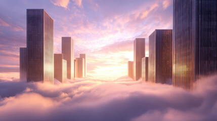 Ethereal Architectural Painting of Floating Towers Rising Above a Dreamlike Horizon at Sunrise in an Expansive Sky Full of Clouds