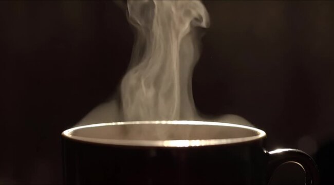 Hot Coffee Mug with Thick White Steam Rising Against Dark Background video