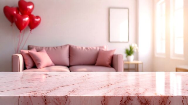 Marble table top, living room at background. Concept for Christmas, Valentine's Day, Mother's Day Women's Day flat lay, copy space, place for text.