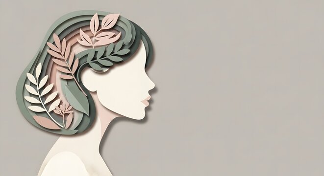 Silhouette of a woman's profile created with layered paper art in soft green and pink tones, decorated with stylized leaves.