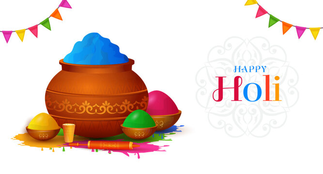 Indian festival happy holi celebration banner template with colorful holi props
