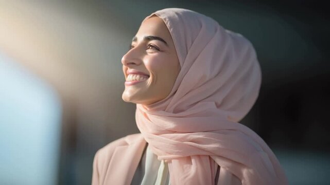 Portrait in city outdoors pensive thinking happy smiling pretty dreaming Islamic woman Muslim girl female in hijab religion looking up in sky look think dream contemplate face healthy businesswoman