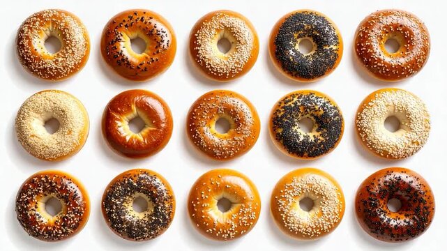 Rows of assorted bagels with different toppings on white background