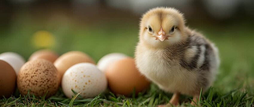 On a green meadow, a fluffy young chick stands next to a group of brown and white eggs.