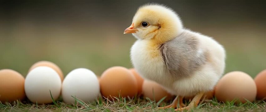 On a green meadow, a fluffy young chick stands next to a group of brown and white eggs.