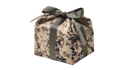 A cuboid gift wrapped in pixelated desert camouflage fabric, tied with a plain grey ribbon and bow