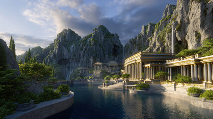 Obraz premium Majestic Marble Temple Complex Surrounded by Serene Waterfalls and Lush Mountains in a Breathtaking 3D Landscape View