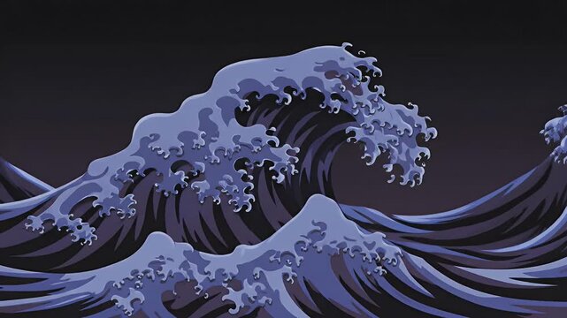 Stylized blue ocean wave cresting with dark dramatic sky