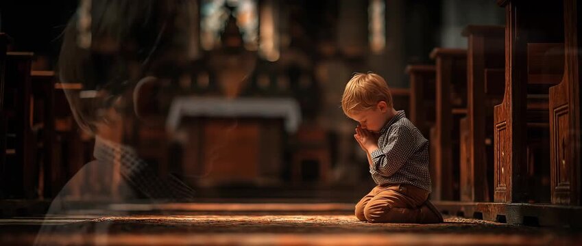 In the church, a boy is kneeling and praying.