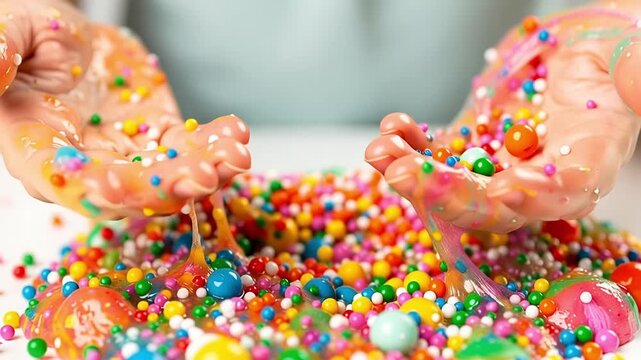 Hands Playing with Colorful Slime and Tiny Beads.