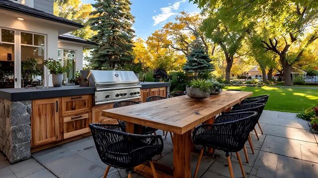 Luxury outdoor kitchen and patio feature a stainless steel grill, wooden cabinets, and a dining table surrounded by a lush green garden view.