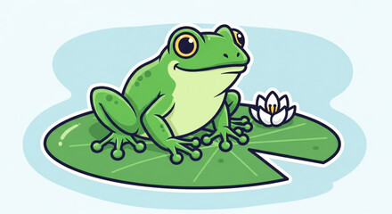 Obraz premium Green frog sitting on large lily pad with white flower serene pond background cartoon style