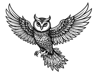 Obraz premium Detailed black and white illustration of an owl in mid-flight with outstretched wings