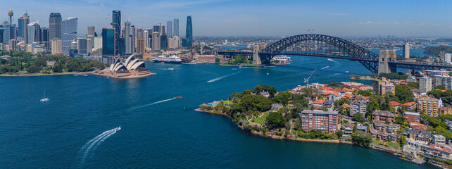 Fototapeta premium 7 February 2026 Panorama Aerial View of Harbour Bridge on Sydney Harbour Circular Quay cruise Liner on a nice Summer day beautiful Sky in Sydney NSW Australia
