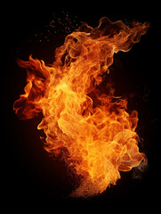 Fototapeta premium A dramatic abstract flame shape floating in the air, bright orange fire with sparks and smoke, isolated on pure black background, inferno or fire effects in modern design and advertising.