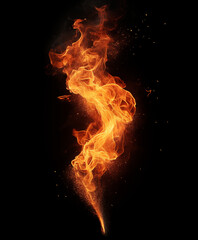 Fototapeta premium A dramatic abstract flame shape floating in the air, bright orange fire with sparks and smoke, isolated on pure black background, inferno or fire effects in modern design and advertising.