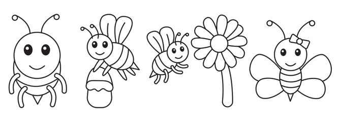 Obraz premium Black and White Bee Coloring Page Vector Illustration for Kids Educational Activities