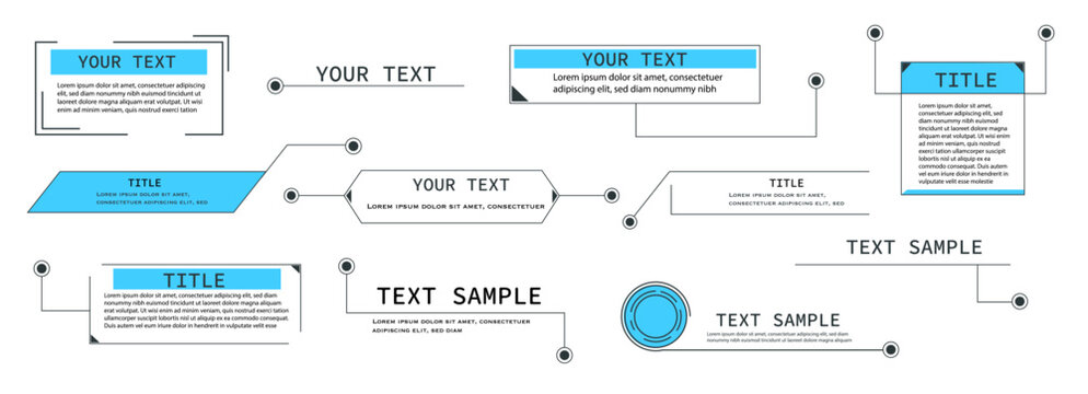 Title text box, callout frame set. Hud line border. Titles banner, futuristic callouts template. pop-up or description boxes, speech bubbles.