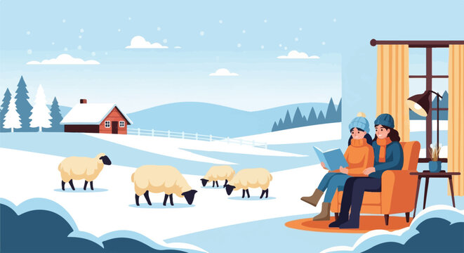 Cozy winter scene with couple reading indoors and sheep in snow