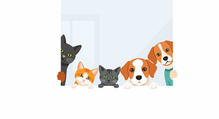 Obraz premium Cute cartoon cats and dogs peeking over a white surface