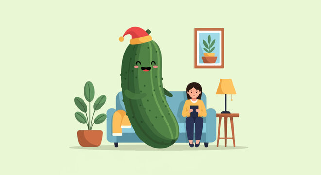 Cute pickle in a Santa hat hugs a person on couch