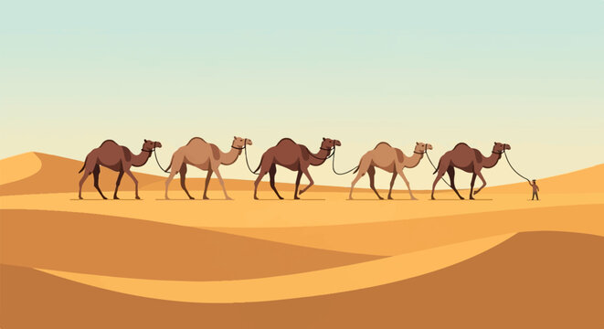 Desert caravan led by a small figure with several camels