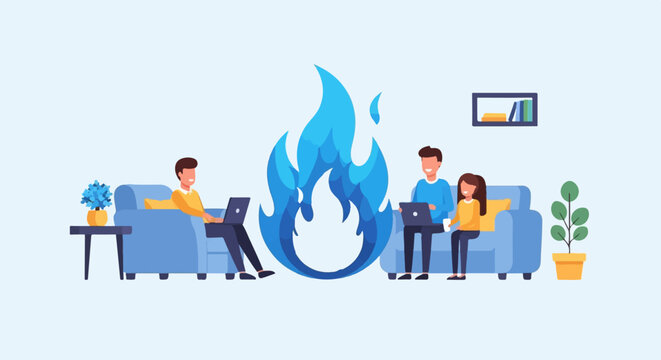 Diverse group working on laptops around a digital blue flame