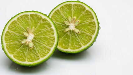 Fresh green lime slices on white background for food and drink concepts with healthy and citrus and fruit and juicy and sour and tropical and flavor