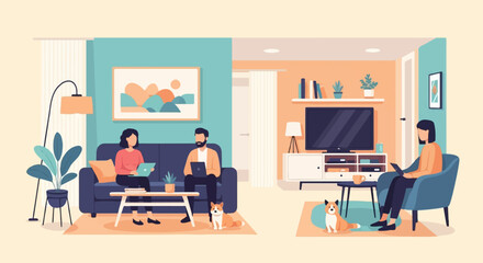 Obraz na płótnie Canvas Diverse people work and relax in a cozy, modern living room with pets