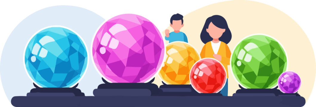 Diverse people observe multifaceted crystal balls in a whimsical, bright setting