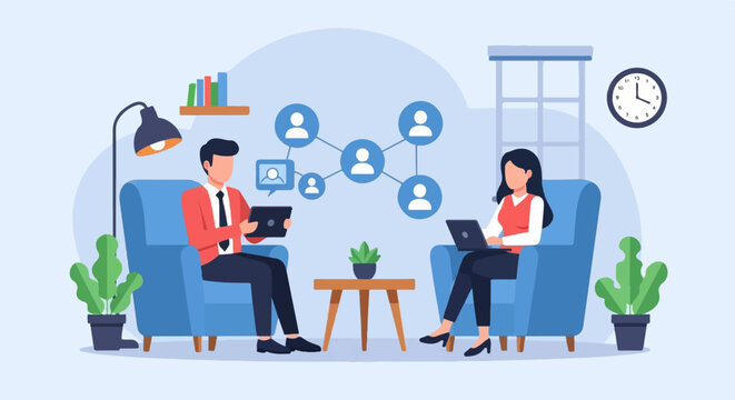 Diverse team collaborates digitally with a network of connections shown
