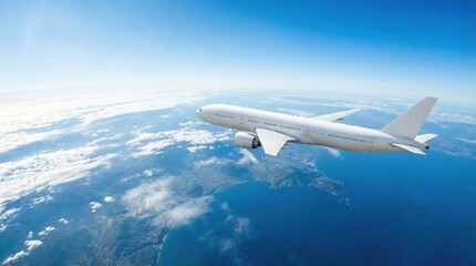 Fototapeta premium Commercial Airplane Flying High Above Earths Horizon with Blue Sky and Ocean.