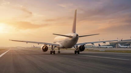 Obraz premium Commercial airplane ready for takeoff on a runway at sunset, with a vibrant sky and other aircraft in the background.