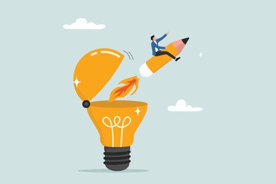Creativity to create new idea, imagination or invention, inspiration, education or genius idea, writing content or boost creative thinking concept, man riding pencil rocket from opening lightbulb.